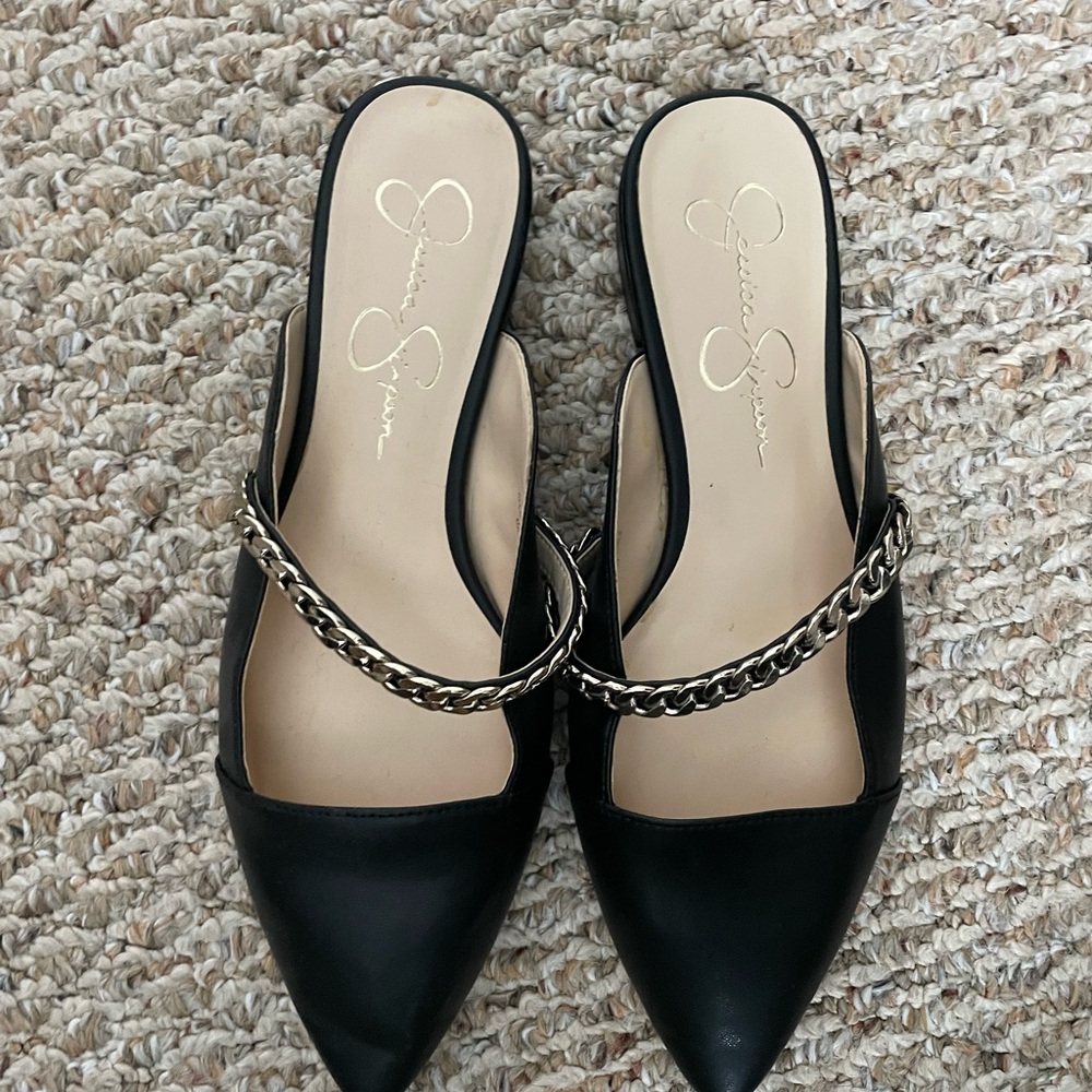 Jessica Simpson Black Mules with Chain Detail